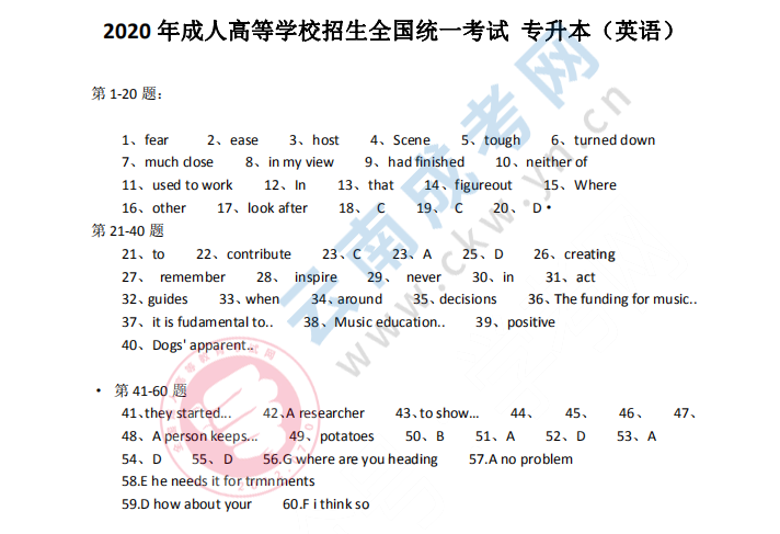 2020年云南省成人高考专升本英语参考答案